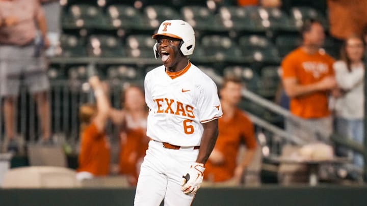 Texas Longhorns' outfielder Anthony Pack Jr. celebrates a grand slam against the USC Upstate Spartans. Texas Longhorns' outfielder Anthony Pack Jr. celebrates a grand slam against the USC Upstate Spartans.