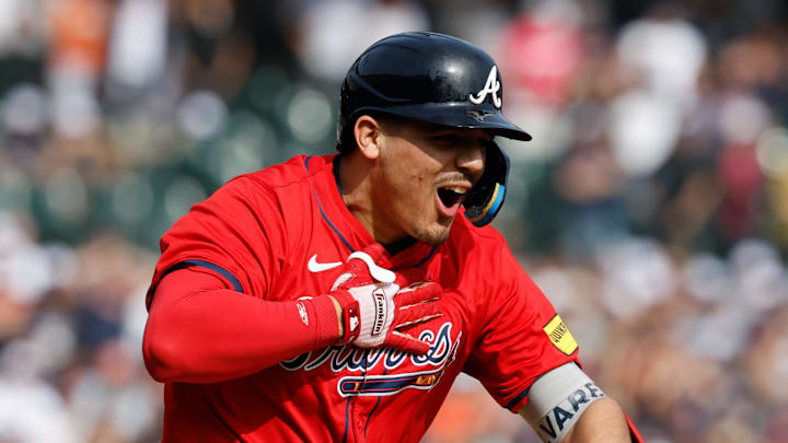 Sep 20, 2025; Detroit, Michigan, USA; Atlanta Braves shortstop Nacho Alvarez Jr. (67) celebrates after he hits an RBI single in the eighth inning against the Detroit Tigers at Comerica Park. Mandatory Credit: Rick Osentoski-Imagn Images
