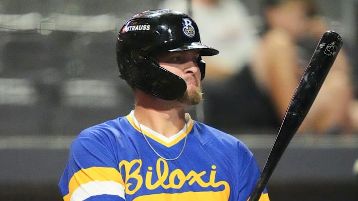 Biloxi Shuckers' Blake Burke (38) on deck at the Minor League Baseball game against the Knoxville Smokies on August 5, 2025, Knoxville, Tennessee.