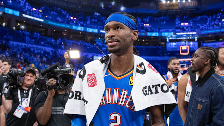 May 18, 2025; Oklahoma City, Oklahoma, USA; Oklahoma City Thunder guard Shai Gilgeous-Alexander (2) walks off the court after his team defeated the Denver Nuggets in game seven of the second round for the 2025 NBA Playoffs at Paycom Center. Mandatory Credit: Alonzo Adams-Imagn Images