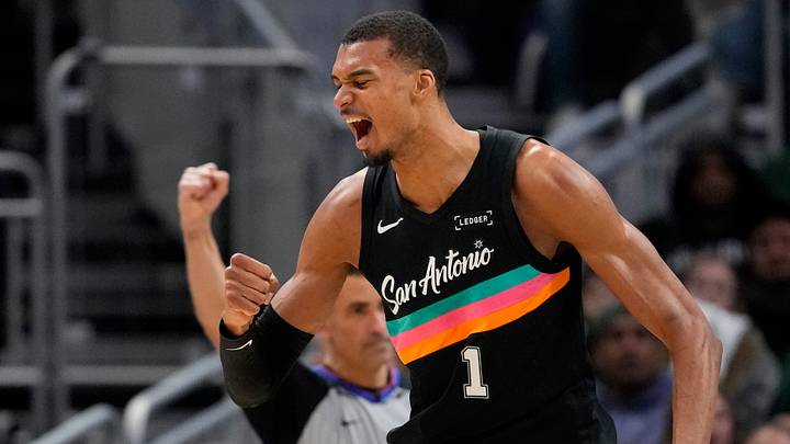 Mar 28, 2026; Milwaukee, Wisconsin, USA;  San Antonio Spurs forward Victor Wembanyama (1) celebrates after scoring a basket during the fourth quarter against the Milwaukee Bucks at Fiserv Forum. Mandatory Credit: Jeff Hanisch-Imagn Images