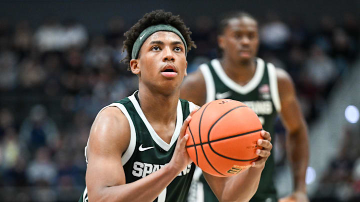 Oct 28, 2025; Hartford, CT, USA; Michigan State Spartans guard Jeremy Fears Jr. (1) shoots a free throw during the second half against the Connecticut Huskies at PeoplesBank Arena. Mandatory Credit: Mark Smith-Imagn Images Oct 28, 2025; Hartford, CT, USA; Michigan State Spartans guard Jeremy Fears Jr. (1) shoots a free throw during the second half against the Connecticut Huskies at PeoplesBank Arena. Mandatory Credit: Mark Smith-Imagn Images