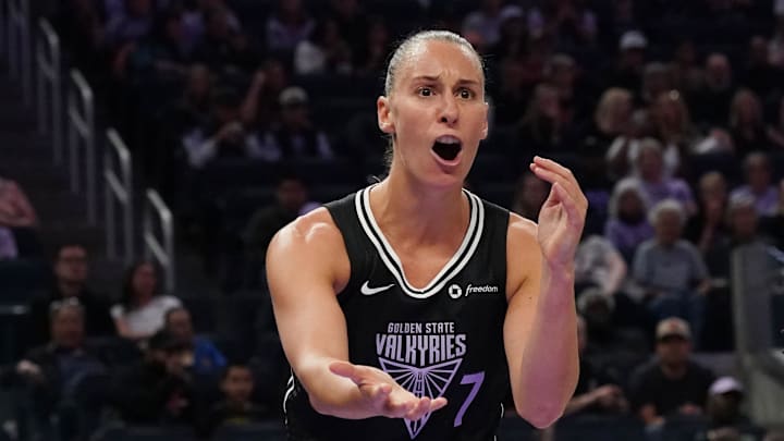 May 21, 2025; San Francisco, California, USA;  Golden State Valkyries forward Stephanie Talbot (7) complains to the referee during the game against the Chicago Sky in the first quarter at Chase Center. Mandatory Credit: David Gonzales-Imagn Images