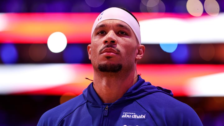 Jan 24, 2026; Philadelphia, Pennsylvania, USA; New York Knicks guard Josh Hart stands for the anthem before action against the Philadelphia 76ers at Xfinity Mobile Arena. Mandatory Credit: Bill Streicher-Imagn Images