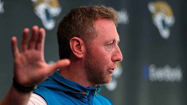 Jacksonville Jaguars head coach Liam Coen speaks during a press conference at the Miller Electric Center, Monday, April 20, 2026 in Jacksonville, Fla.