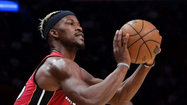 Jan 21, 2025; Miami, Florida, USA; Miami Heat forward Jimmy Butler (22) shoots the basketball against the Portland Trail Blazers during the first quarter at Kaseya Center. Mandatory Credit: Sam Navarro-Imagn Images