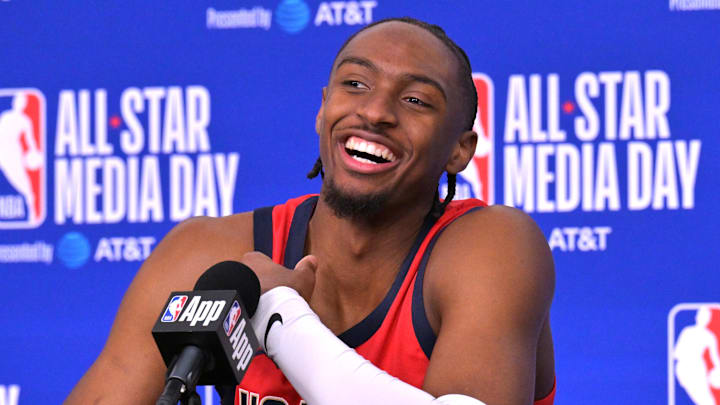 Feb 14, 2026; Los Angeles, CA, USA; Team USA Stars guard Tyrese Maxey (0) of the Philadelphia 76ers during a news conference for the NBA All Star game at Intuit Dome. Mandatory Credit: Jayne Kamin-Oncea-Imagn Images