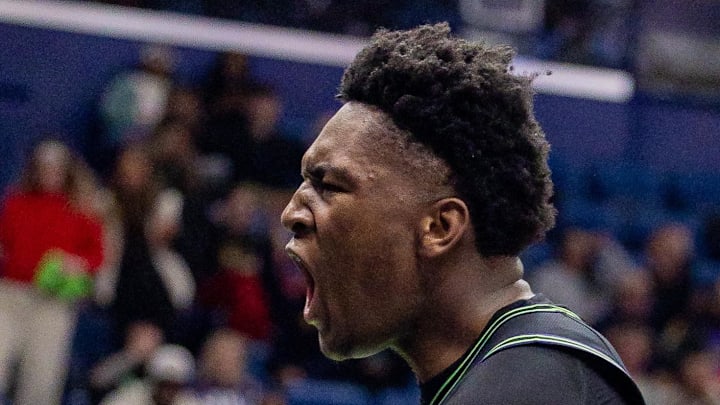 Dec 8, 2025; New Orleans, Louisiana, USA; New Orleans Pelicans center Derik Queen (22) reacts to a play against the San Antonio Spurs during the second half at Smoothie King Center. Mandatory Credit: Stephen Lew-Imagn Images Dec 8, 2025; New Orleans, Louisiana, USA; New Orleans Pelicans center Derik Queen (22) reacts to a play against the San Antonio Spurs during the second half at Smoothie King Center. Mandatory Credit: Stephen Lew-Imagn Images