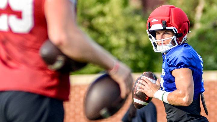 Oklahoma quarterback John Mateer prepares to throw during practice Friday. Oklahoma quarterback John Mateer prepares to throw during practice Friday.
