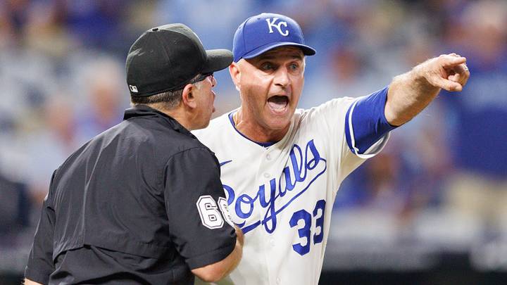 Sep 1, 2026; Kansas City, Missouri, USA; Kansas City Royals manager Matt Quatraro (33) argues with umpire Chris Guccione (68) after a call during the eighth inning against the Miami Marlins at Kauffman Stadium. Mandatory Credit: William Purnell-Imagn Images Sep 1, 2026; Kansas City, Missouri, USA; Kansas City Royals manager Matt Quatraro (33) argues with umpire Chris Guccione (68) after a call during the eighth inning against the Miami Marlins at Kauffman Stadium. Mandatory Credit: William Purnell-Imagn Images