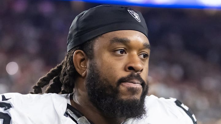 Aug 23, 2025; Glendale, Arizona, USA; Las Vegas Raiders guard Dylan Parham (66) against the Arizona Cardinals during a preseason NFL game at State Farm Stadium. Mandatory Credit: Mark J. Rebilas-Imagn Images