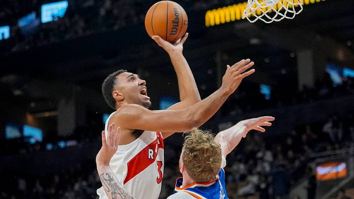 Oct 13, 2026; Toronto, Ontario, CAN; Toronto Raptors forward Trayce Jackson-Davis (32) gets fouled by New York Knicks forward Tyler Nickel (55) as he goes up to make a basket during the second half at Scotiabank Arena. Mandatory Credit: John E. Sokolowski-Imagn Images Oct 13, 2026; Toronto, Ontario, CAN; Toronto Raptors forward Trayce Jackson-Davis (32) gets fouled by New York Knicks forward Tyler Nickel (55) as he goes up to make a basket during the second half at Scotiabank Arena. Mandatory Credit: John E. Sokolowski-Imagn Images
