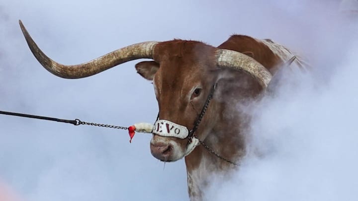 Bevo enters the stadium as the Texas Longhorns take on ULM at Darrell K Royal-Texas Memorial Stadium in Austin Saturday, Sept. 21, 2024.