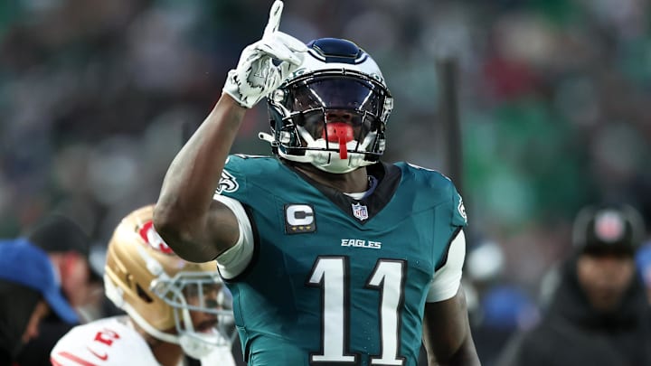 Jan 11, 2026; Philadelphia, PA, USA; Philadelphia Eagles wide receiver A.J. Brown (11) celebrates first down against the San Francisco 49ers during the first quarter in an NFC Wild Card Round game at Lincoln Financial Field. Mandatory Credit: Bill Streicher-Imagn Images Jan 11, 2026; Philadelphia, PA, USA; Philadelphia Eagles wide receiver A.J. Brown (11) celebrates first down against the San Francisco 49ers during the first quarter in an NFC Wild Card Round game at Lincoln Financial Field. Mandatory Credit: Bill Streicher-Imagn Images