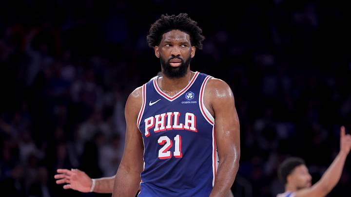 May 4, 2026; New York, New York, USA; Philadelphia 76ers center Joel Embiid (21) reacts during the first quarter of game one of the eastern conference semifinal round of the 2026 NBA Playoffs against the New York Knicks at Madison Square Garden. Mandatory Credit: Brad Penner-Imagn Images
