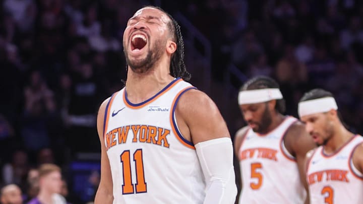 Jan 25, 2025; New York, New York, USA;  New York Knicks guard Jalen Brunson (11) celebrates during a timeout called by the Sacramento Kings in the third quarter at Madison Square Garden. Mandatory Credit: Wendell Cruz-Imagn Images
