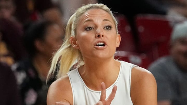 ASU Sun Devils head coach Molly Miller yells out to her team as they play the Coppin State Bald Eagles at Desert Financial Arena on Nov. 3, 2025.