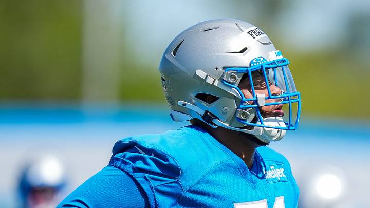 Detroit Lions offensive lineman Miles Frazier (71) practices during rookie mini camp at Meijer Performance Center in Allen Park on Friday, May 9, 2025. Detroit Lions offensive lineman Miles Frazier (71) practices during rookie mini camp at Meijer Performance Center in Allen Park on Friday, May 9, 2025.