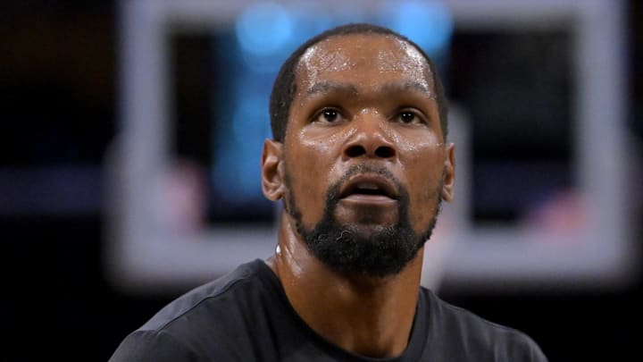Apr 21, 2026; Los Angeles, California, USA; Houston Rockets forward Kevin Durant (7) warms up prior to game two of the first round of the 2026 NBA Playoffs against the Los Angeles Lakers at Crypto.com Arena. Mandatory Credit: Jayne Kamin-Oncea-Imagn Images