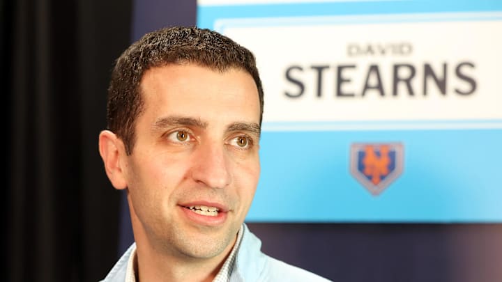 Feb 15, 2024; Tampa, FL, USA; New York Mets president of baseball operations David Stearns talks with media at George M. Steinbrenner Field. Mandatory Credit: Kim Klement Neitzel-Imagn Images