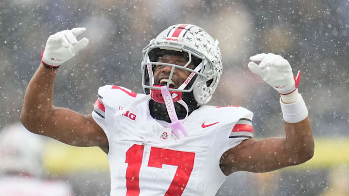 Ohio State Buckeyes wide receiver Carnell Tate (17) celebrates during the NCAA football game against the Michigan Wolverines at Michigan Stadium in Ann Arbor, Mich. on Nov. 29, 2025. Ohio State won 27-9.