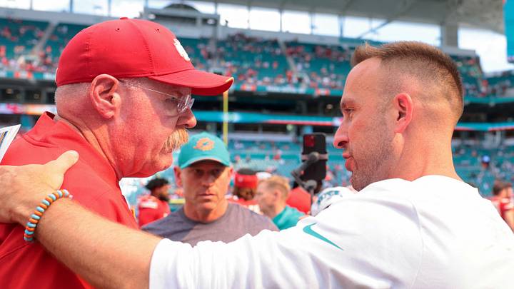 Kansas City Chiefs head coach Andy Reid, Miami Dolphins head coach Jeff Hafley