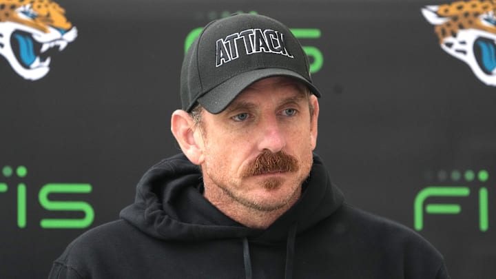 Oct 17, 2024; Watford, United Kingdom; Jacksonville Jaguars defensive coordinator Ryan Nielsen during press conference at The Grove. Mandatory Credit: Kirby Lee-Imagn Images