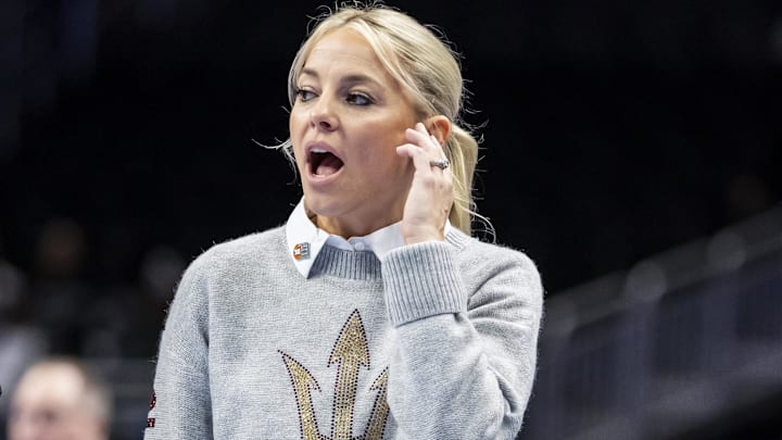 Mar 6, 2026; Kansas City, MO, USA; Arizona State head coach Molly Miller reacts to a play against West Virginia during the first half at T-Mobile Center. Mandatory Credit: Nick Tre. Smith-Imagn Images