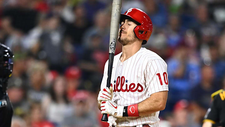 Aug 27, 2022; Philadelphia, Pennsylvania, USA; Philadelphia Phillies catcher J.T. Realmuto (10) reacts after striking out against the Pittsburgh Pirates in the sixth inning at Citizens Bank Park/