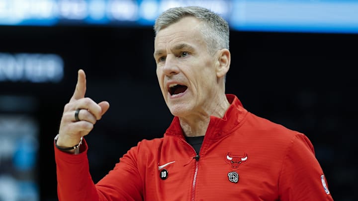 Apr 6, 2025; Charlotte, North Carolina, USA; Chicago Bulls coach Billy Donovan yells at an official during the second half against the Charlotte Hornets at Spectrum Center.