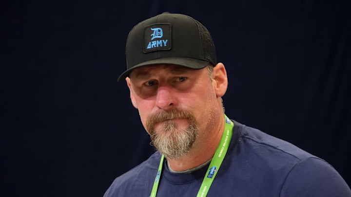 Detroit Lions coach Dan Campbell speaks during the NFL Scouting Combine at the Indiana Convention Center