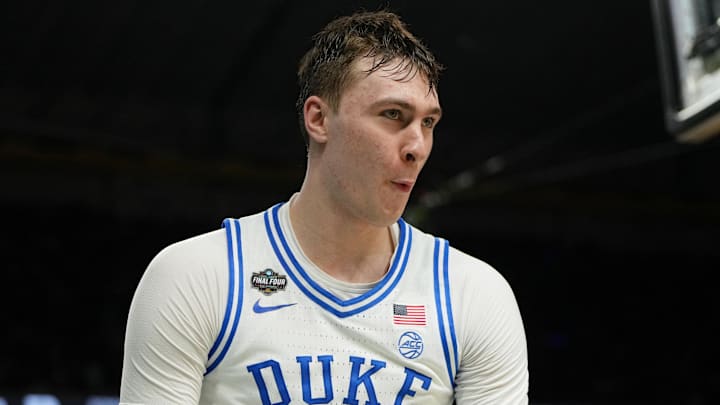 Apr 5, 2025; San Antonio, TX, USA; Duke Blue Devils forward Cooper Flagg (2) reacts after a play against the Houston Cougars during the second half in the semifinals of the men's Final Four of the 2025 NCAA Tournament at the Alamodome. Mandatory Credit: Bob Donnan-Imagn Images Apr 5, 2025; San Antonio, TX, USA; Duke Blue Devils forward Cooper Flagg (2) reacts after a play against the Houston Cougars during the second half in the semifinals of the men's Final Four of the 2025 NCAA Tournament at the Alamodome. Mandatory Credit: Bob Donnan-Imagn Images