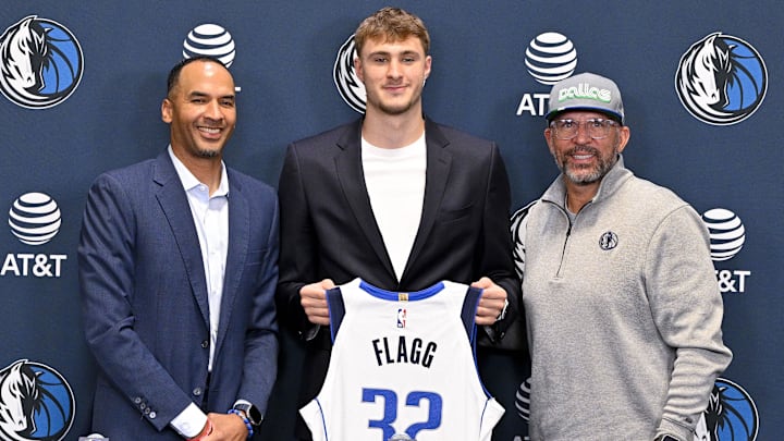 Jun 27, 2025; Dallas, TX, USA; (from left) Dallas Mavericks general manager Nico Harrison and Mavericks first overall pick Cooper Flagg and head coach Jason Kidd pose for a photo at the Dallas Mavericks Practice Facility. Mandatory Credit: Jerome Miron-Imagn Images