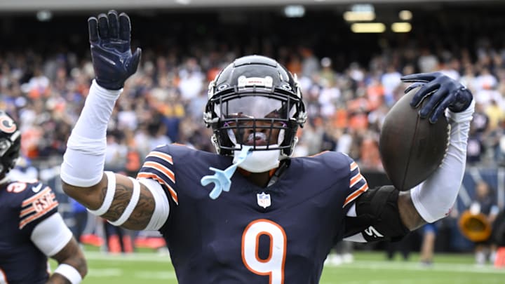 Sep 29, 2024; Chicago, Illinois, USA;  Chicago Bears safety Jaquan Brisker (9) yells to fans during the first half against the Los Angeles Rams at Soldier Field.