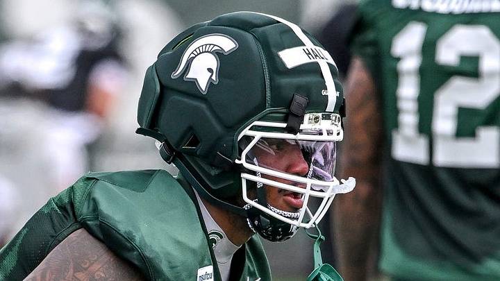 Michigan State’s Jordan Hall works out during a drill at football practice on Thursday, Aug. 6, 2026, in East Lansing. Michigan State’s Jordan Hall works out during a drill at football practice on Thursday, Aug. 6, 2026, in East Lansing.