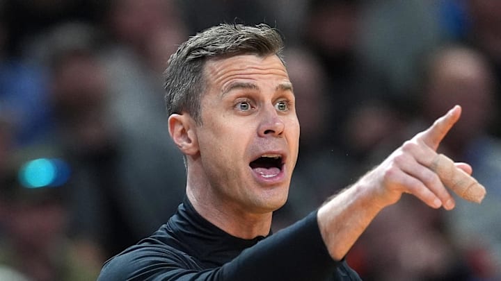 Mar 19, 2026; Greenville, SC, USA; Duke Blue Devils head coach Jon Scheyer reacts in the first half during a first round game of the men's 2026 NCAA Tournament at Bon Secours Wellness Arena. Mandatory Credit: Jim Dedmon-Imagn Images