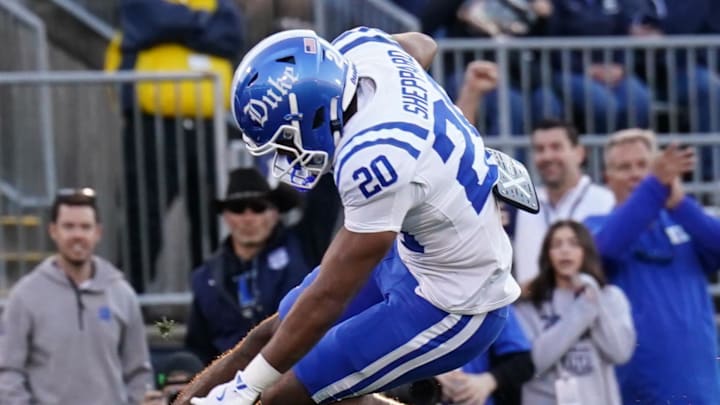 Nov 8, 2025; East Hartford, Connecticut, USA; Duke Blue Devils running back Nate Sheppard (20) scores against the UConn Huskies in the first quarter at Pratt & Whitney Stadium at Rentschler Field. Mandatory Credit: David Butler II-Imagn Images
