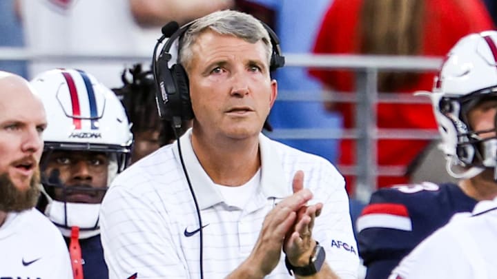 Sep 12, 2025; Tucson, Arizona, USA; Arizona Wildcats head coach Brent Brennan hypes up his team during the first quarter of the game against the Kansas State Wildcats at Arizona Stadium. Mandatory Credit: Aryanna Frank-Imagn Images
