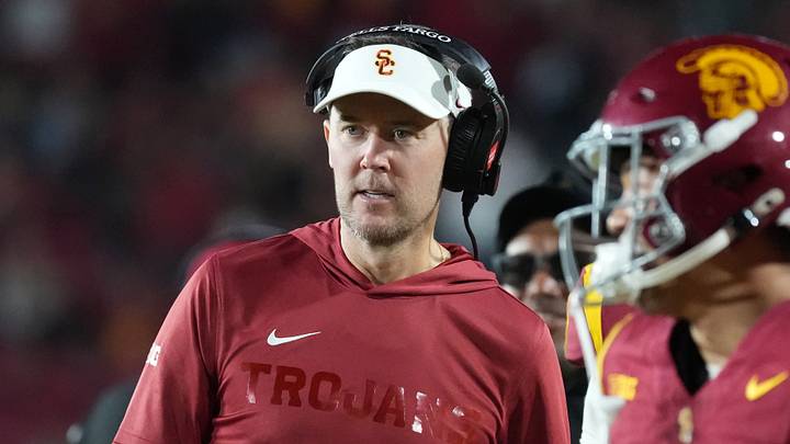 Sep 4, 2026; Los Angeles, California, USA; Southern California Trojans head coach Lincoln Riley watches against the Fresno State Bulldogs in the second half at United Airlines Field at Los Angeles Memorial Coliseum. Mandatory Credit: Kirby Lee-Imagn Images