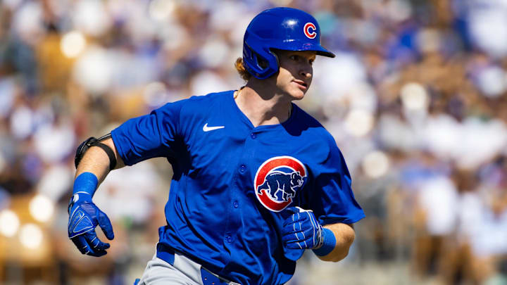 Mar 2, 2024; Phoenix, Arizona, USA; Chicago Cubs outfielder Owen Caissie against the Los Angeles Dodgers during a spring training game at Camelback Ranch-Glendale