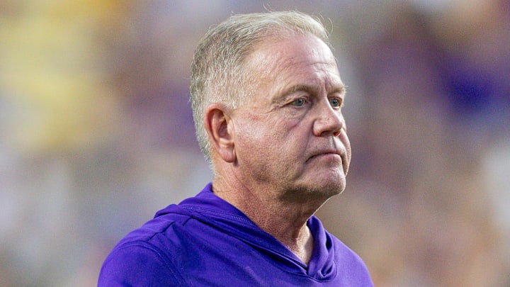 Oct 11, 2025; Baton Rouge, Louisiana, USA; LSU Tigers head coach Brian Kelly looks on against the South Carolina Gamecocks during the first half at Tiger Stadium. Oct 11, 2025; Baton Rouge, Louisiana, USA; LSU Tigers head coach Brian Kelly looks on against the South Carolina Gamecocks during the first half at Tiger Stadium.