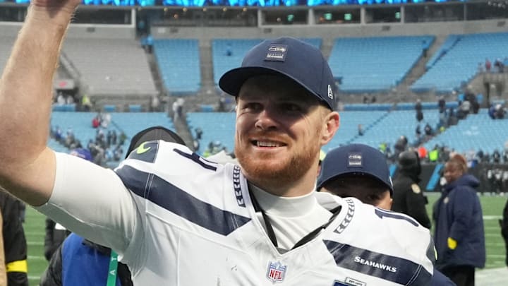 Dec 28, 2025; Charlotte, North Carolina, USA; Seattle Seahawks quarterback Sam Darnold (14) reacts after the game at Bank of America Stadium. 