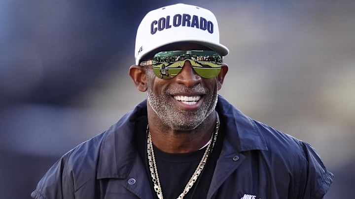 Nov 1, 2025; Boulder, Colorado, USA; Colorado Buffaloes head coach Deion Sanders before the game against the Arizona Wildcats at Folsom Field. Mandatory Credit: Ron Chenoy-Imagn Images