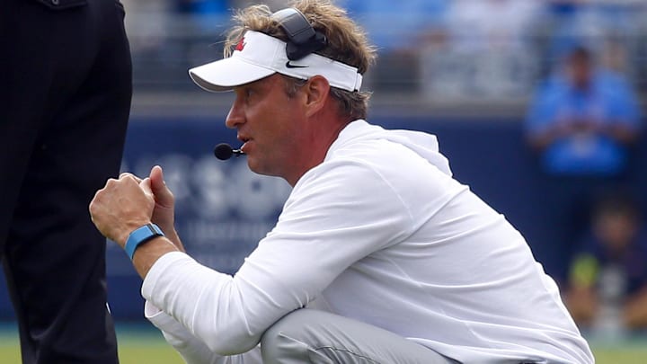 Mississippi Rebels head coach Lane Kiffin reacts after a flag was thrown during the second half against the Oklahoma Sooners at Vaught-Hemingway Stadium.