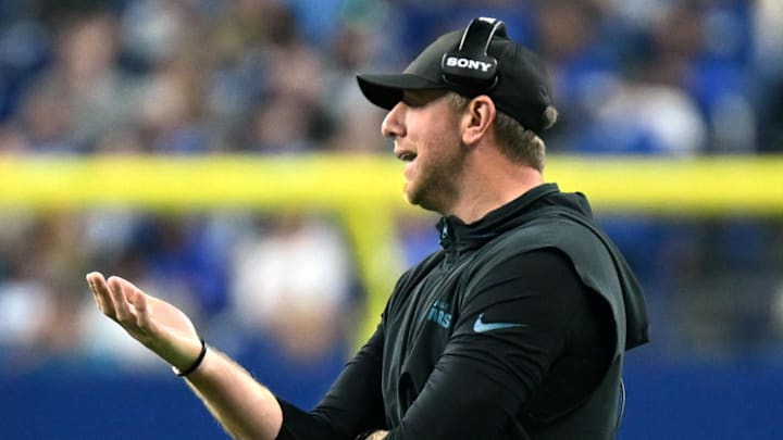 Dec 28, 2025; Indianapolis, Indiana, USA; Jacksonville Jaguars head coach Liam Coen during the second half against the Indianapolis Colts at Lucas Oil Stadium. Mandatory Credit: Robert Goddin-Imagn Images