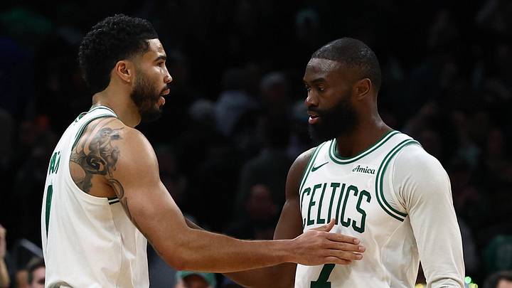 Mar 25, 2026; Boston, Massachusetts, USA; Boston Celtics guard Jaylen Brown (7) and forward Jayson Tatum (0) congratulate each other in the final seconds of the fourth quarter of their win over the Oklahoma City Thunder at TD Garden. Mandatory Credit: Winslow Townson-Imagn Images