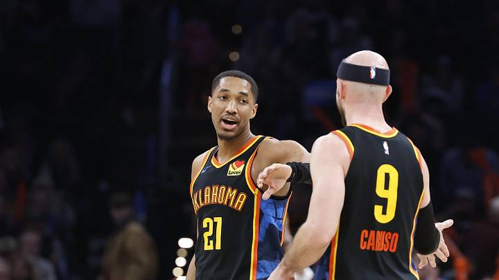 Jan 19, 2025; Oklahoma City, Oklahoma, USA; Oklahoma City Thunder guards Aaron Wiggins (21) and Alex Caruso (9) celebrate after scoring against the Brooklyn Nets during the second half at Paycom Center. Mandatory Credit: Alonzo Adams-Imagn Images Jan 19, 2025; Oklahoma City, Oklahoma, USA; Oklahoma City Thunder guards Aaron Wiggins (21) and Alex Caruso (9) celebrate after scoring against the Brooklyn Nets during the second half at Paycom Center. Mandatory Credit: Alonzo Adams-Imagn Images