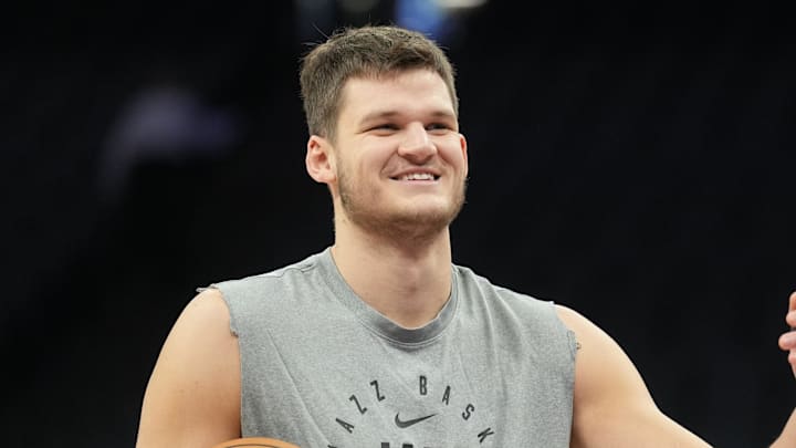 Dec 8, 2024; Sacramento, California, USA; Utah Jazz center Walker Kessler (24) before the game against the Sacramento Kings at Golden 1 Center. Mandatory Credit: Darren Yamashita-Imagn Images