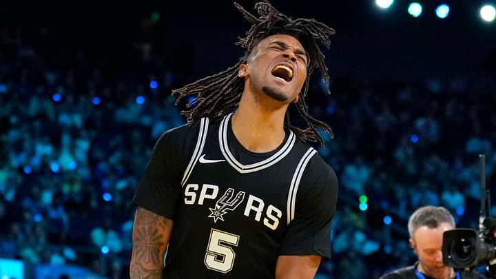 Feb 15, 2025; San Francisco, CA, USA; San Antonio Spurs forward Stephon Castle (5) reacts in the slam dunk competition during All Star Saturday Night ahead of the 2025 NBA All Star Game at Chase Center. Mandatory Credit: Kyle Terada-Imagn Images