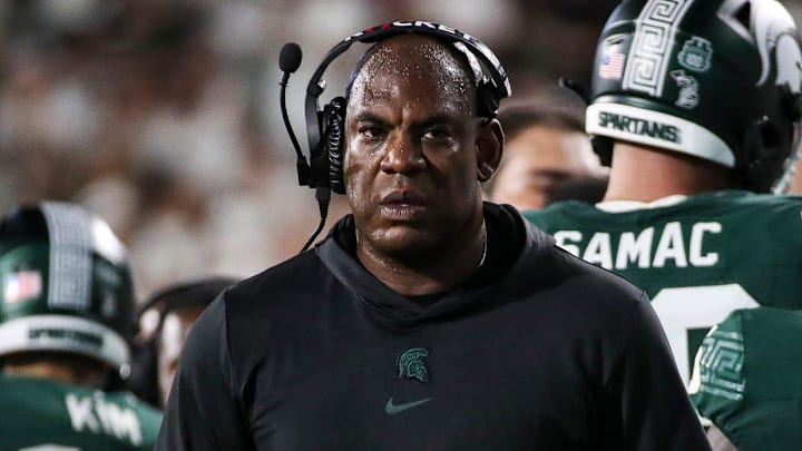 Michigan State coach Mel Tucker looks on after a touchdown against Central Michigan during the second half at Spartan Stadium in East Lansing on Sept. 1, 2023.